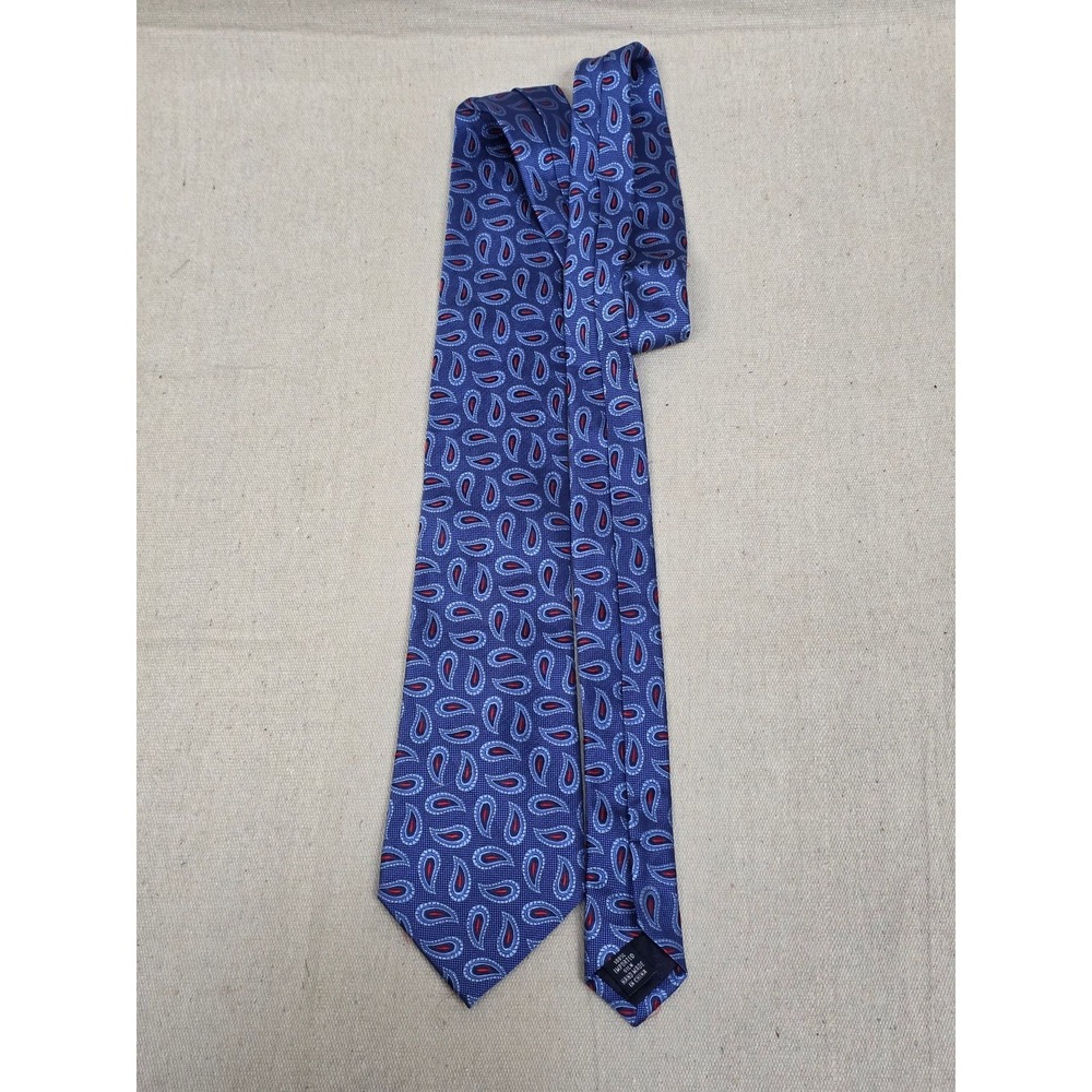 Paul Fredrick Tie Mens Blue Paisley 100% Silk Necktie Red Accent Classic Stylish